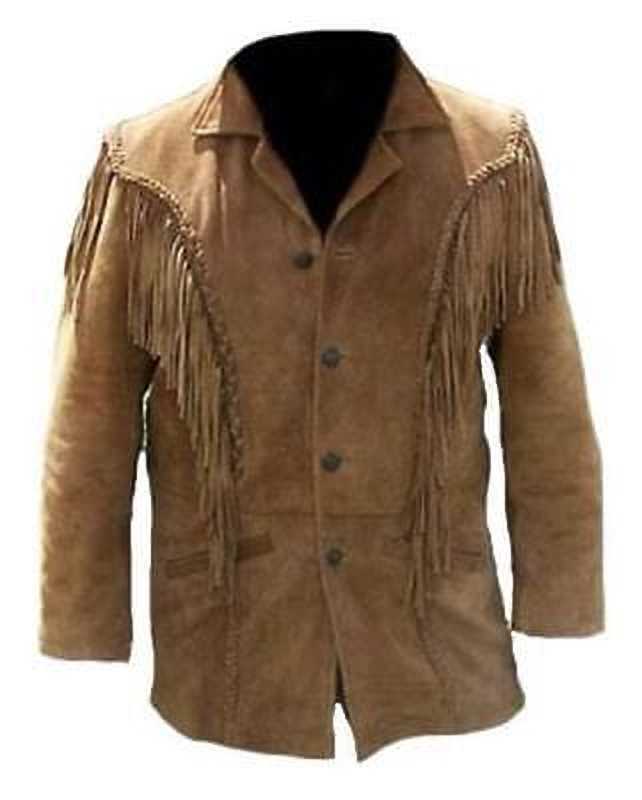 Western Fringe Brown Suede Leather Jacket for Men MWJ734