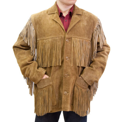 Western Fringe Brown Suede Leather Jacket for Men MWJ735