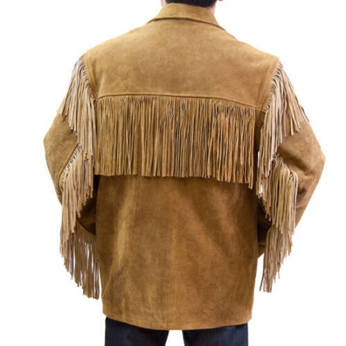 Western Fringe Brown Suede Leather Jacket for Men MWJ735