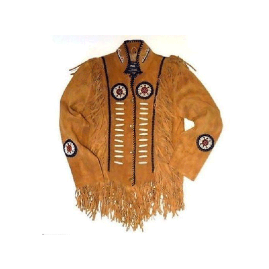 Western Brown Suede Leather Fringe Beaded Jacket for Men MWJ702