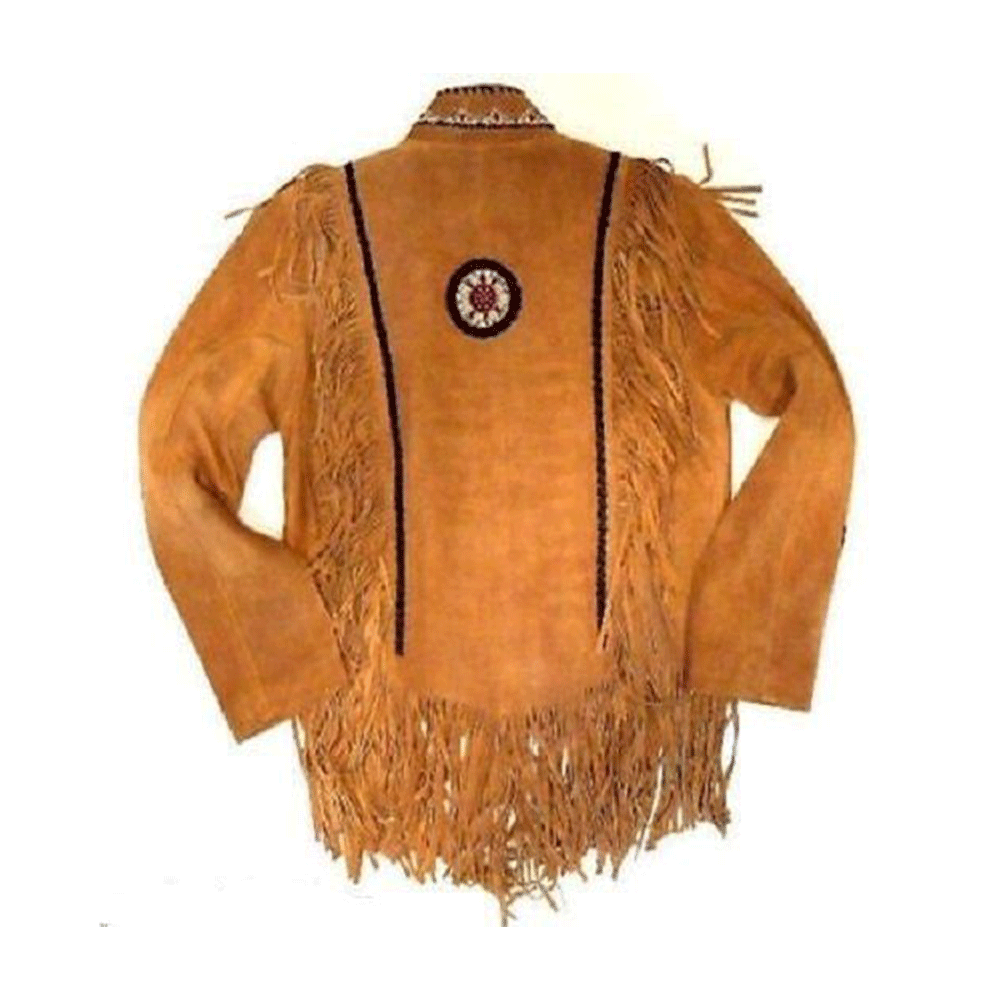 Western Brown Suede Leather Fringe Beaded Jacket for Men MWJ702