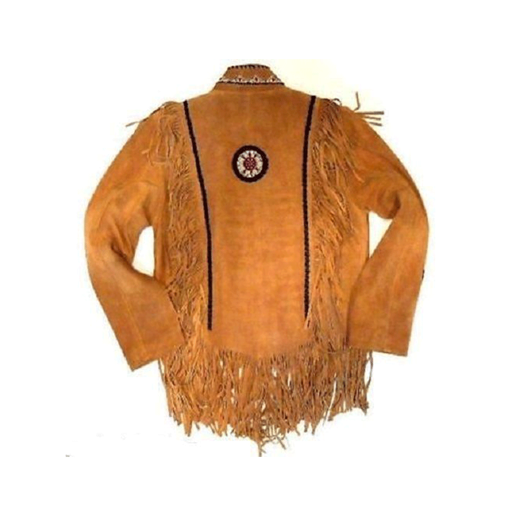 Western Brown Suede Leather Fringe Beaded Jacket for Men MWJ702