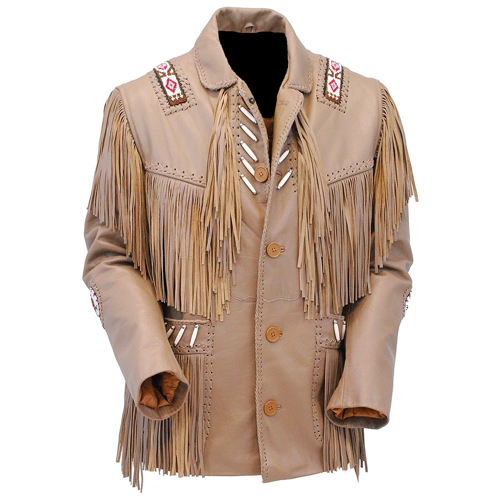 Western Brown Leather Fringe Beaded Jacket for Men MWJ703