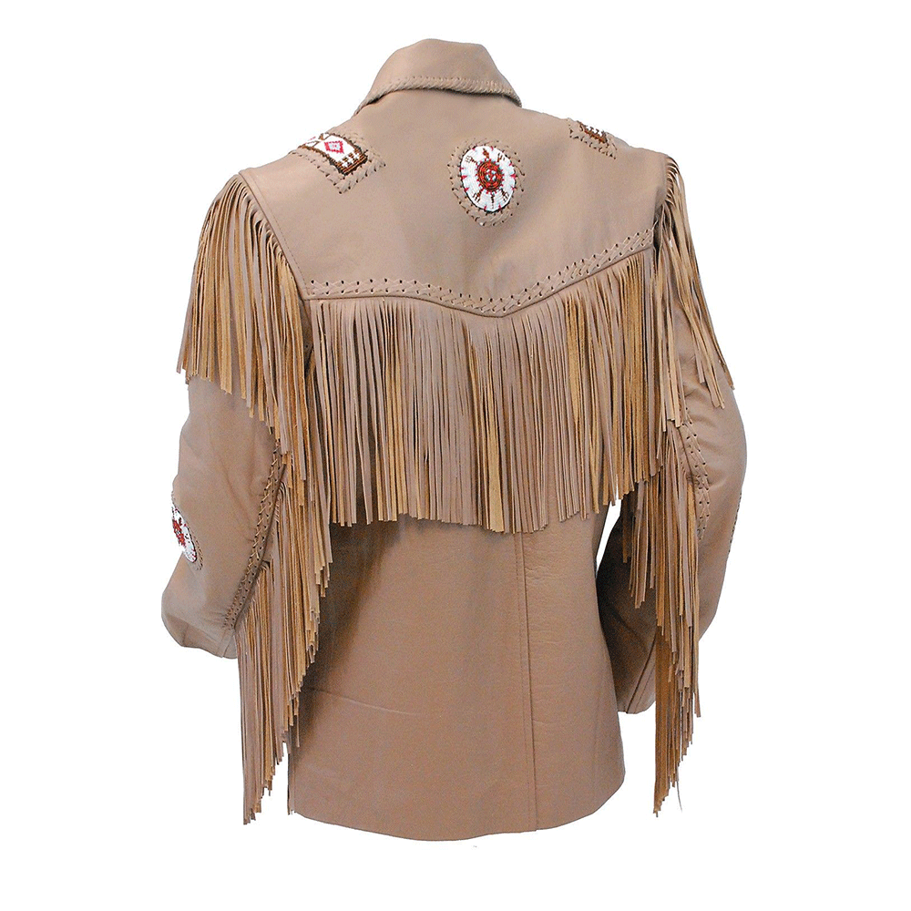 Western Brown Leather Fringe Beaded Jacket for Men MWJ703