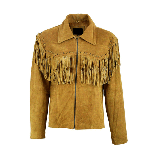 Western Fringe Brown Suede Leather Jacket for Men MWJ726