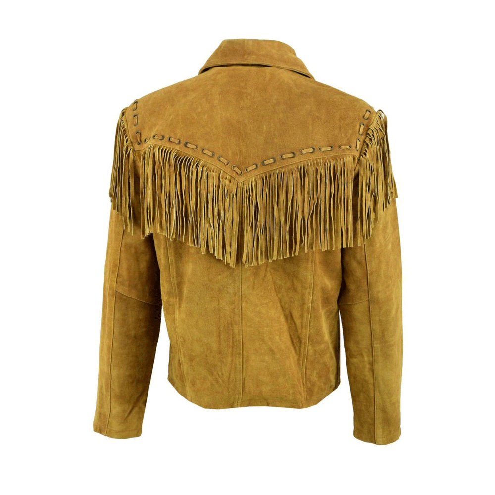 Western Fringe Brown Suede Leather Jacket for Men MWJ726