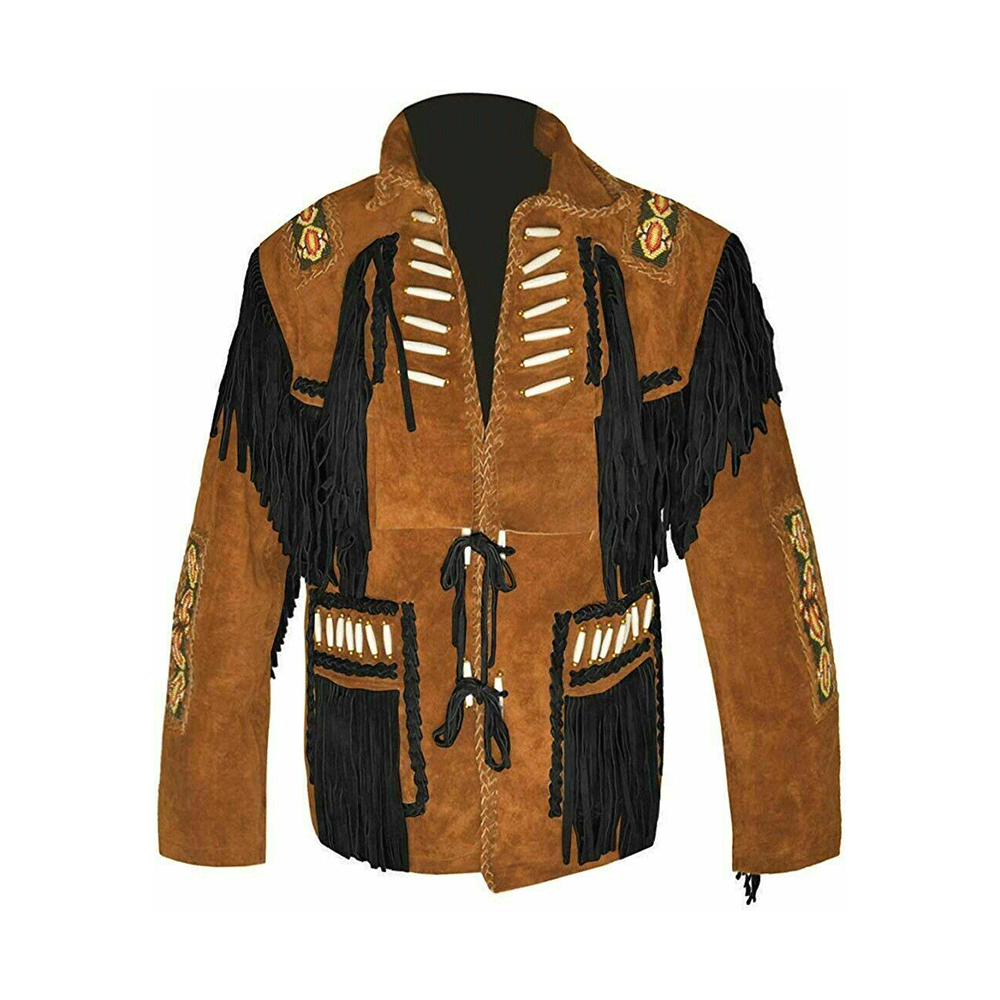 Western Brown Suede Leather Fringe Beaded Jacket for Men MWJ704