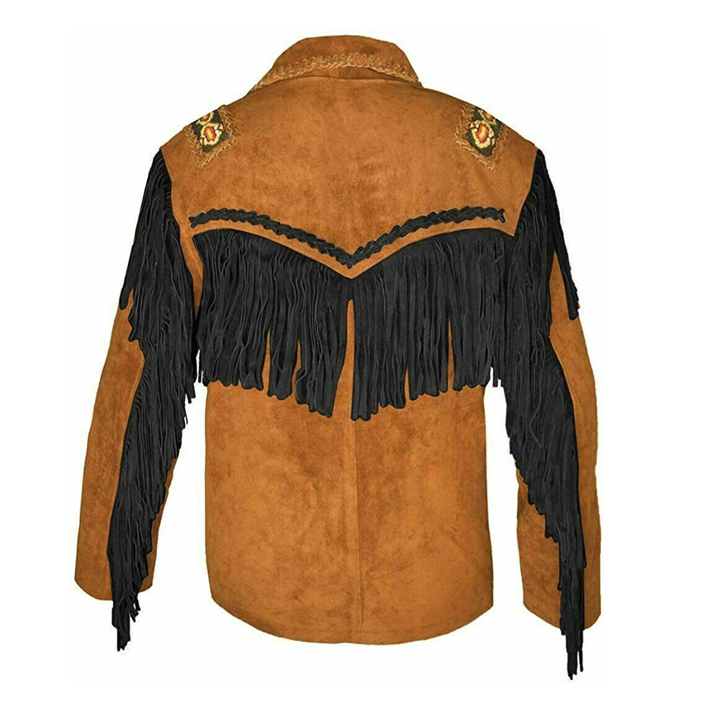 Western Brown Suede Leather Fringe Beaded Jacket for Men MWJ704