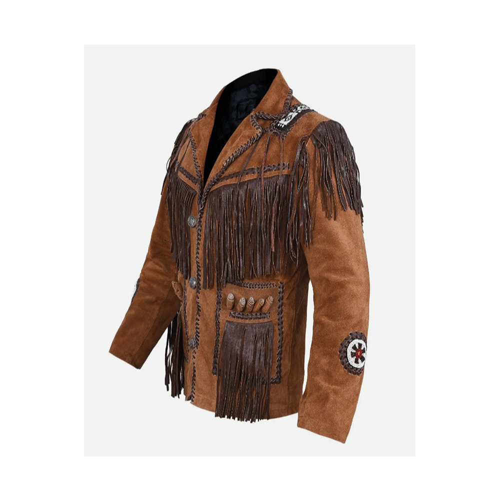 Western Brown Suede Leather Fringe Beaded Jacket for Men MWJ705