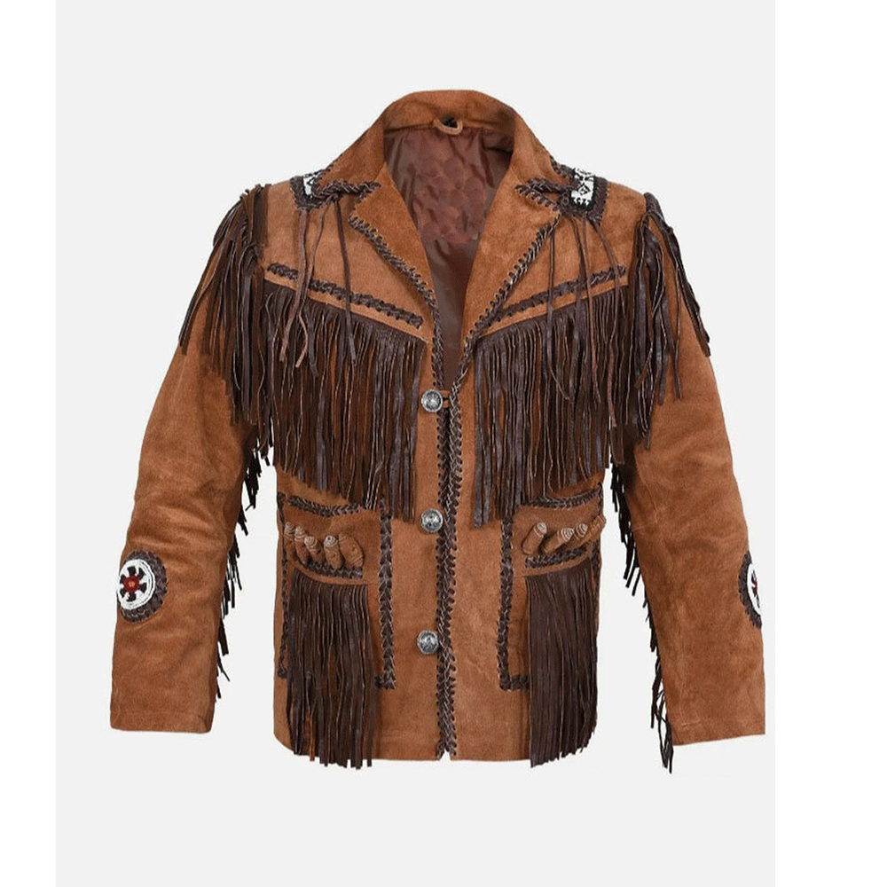 Western Brown Suede Leather Fringe Beaded Jacket for Men MWJ705