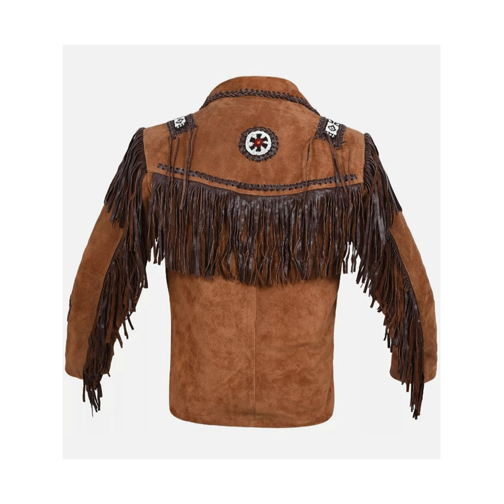 Western Brown Suede Leather Fringe Beaded Jacket for Men MWJ705