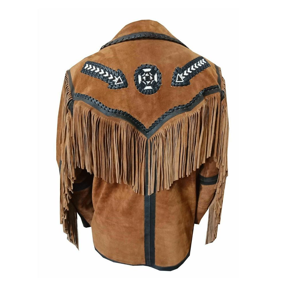 Western Brown Suede Fringe Arrow Beaded Jackets for Men MWJ706