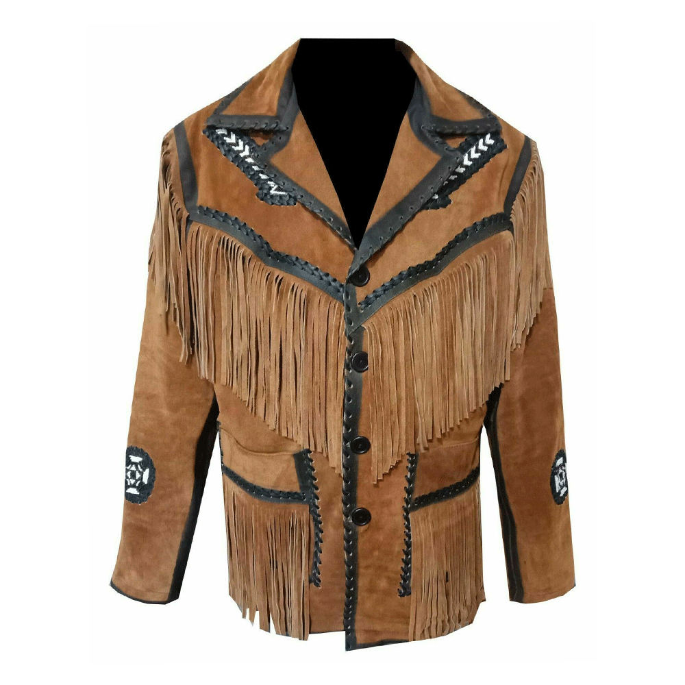 Western Brown Suede Fringe Arrow Beaded Jackets for Men MWJ706