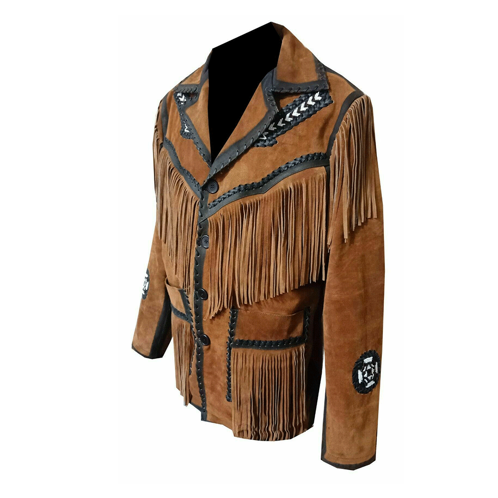 Western Brown Suede Fringe Arrow Beaded Jackets for Men MWJ706