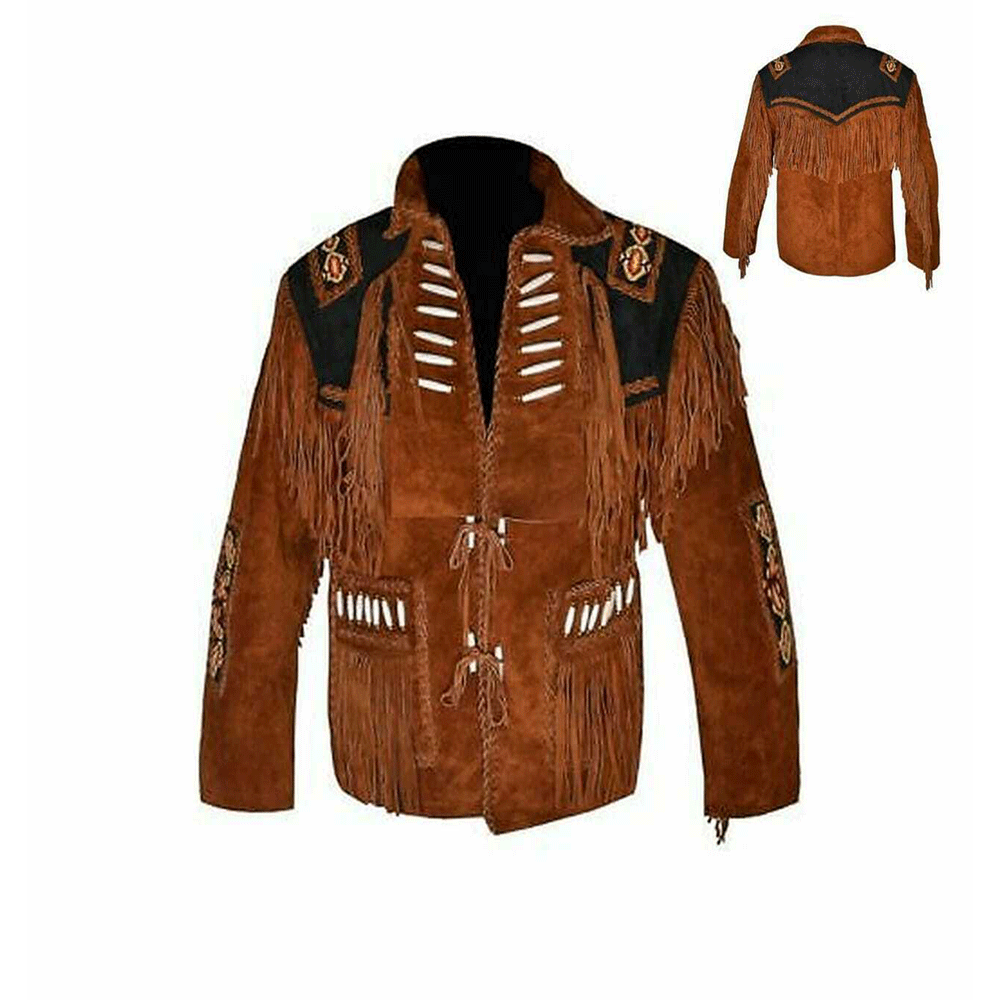 Western Fringe Brown Suede Leather Jacket for Men MWJ709