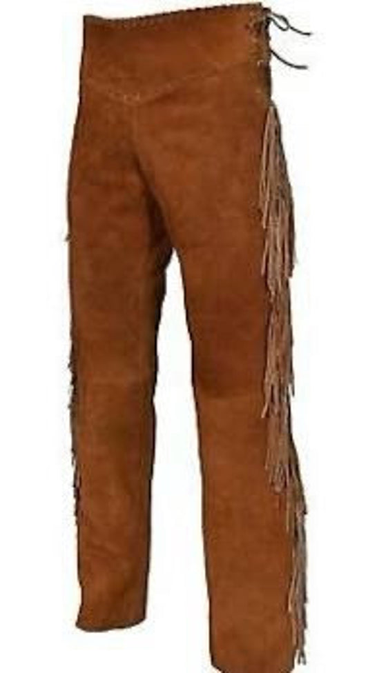 Brown Suede Leather Fringe Pants For Men Western Pant MFP117