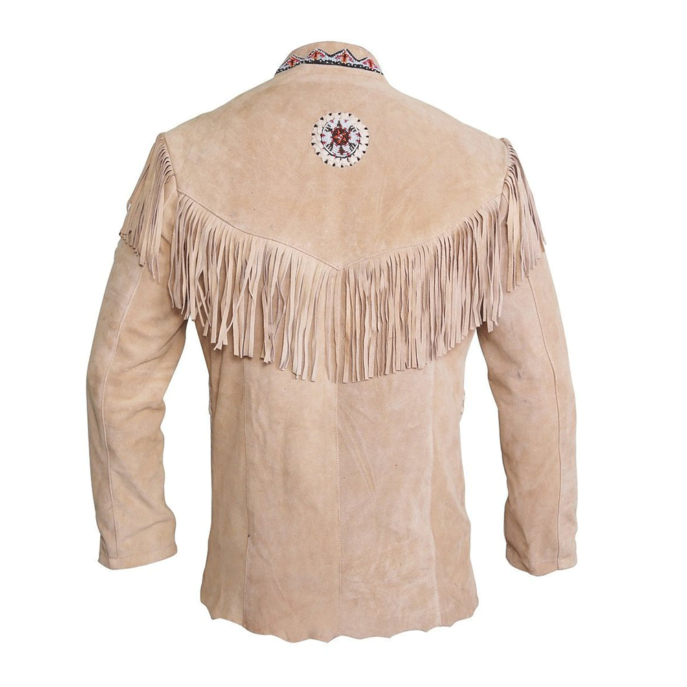 Western Beige Suede Leather Fringe Beaded Jacket for Men MWJ341