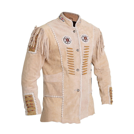 Western Beige Suede Leather Fringe Beaded Jacket for Men MWJ341