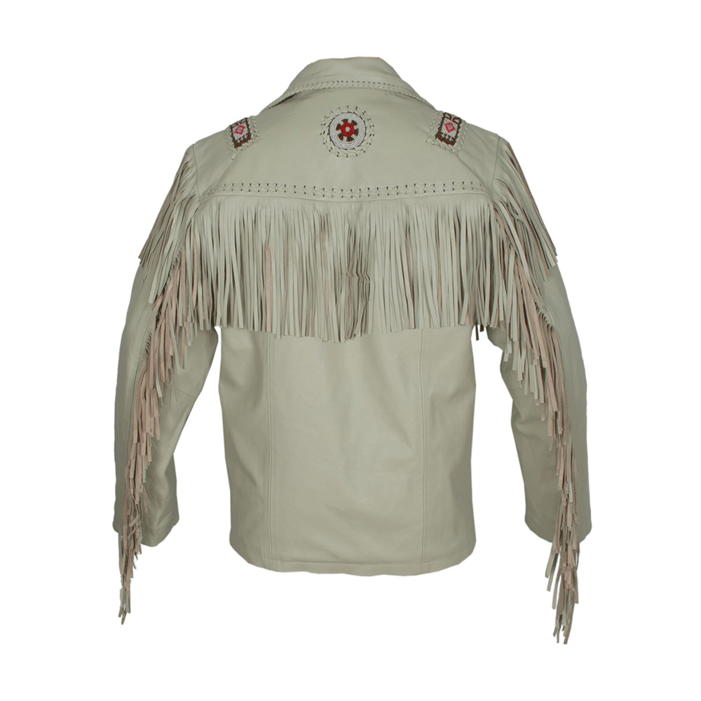 Western Beige Leather Fringe Beaded Jacket for Men MWJ326