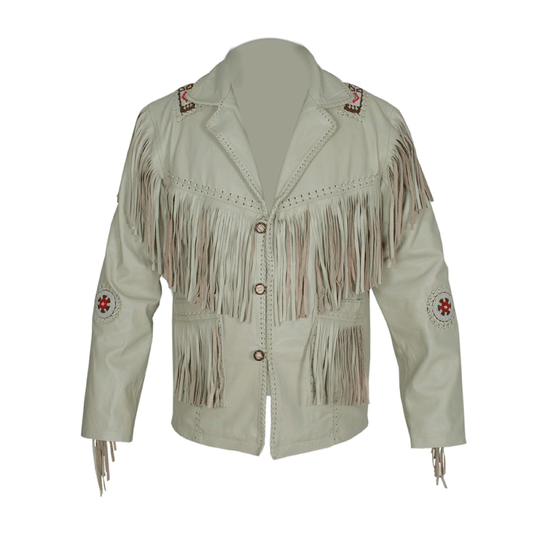 Western Fringe Beige Leather Jacket for Men MWJ104