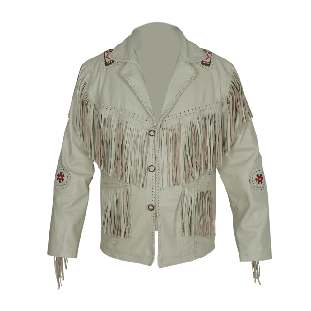 Western Beige Leather Fringe Beaded Jacket for Men MWJ326