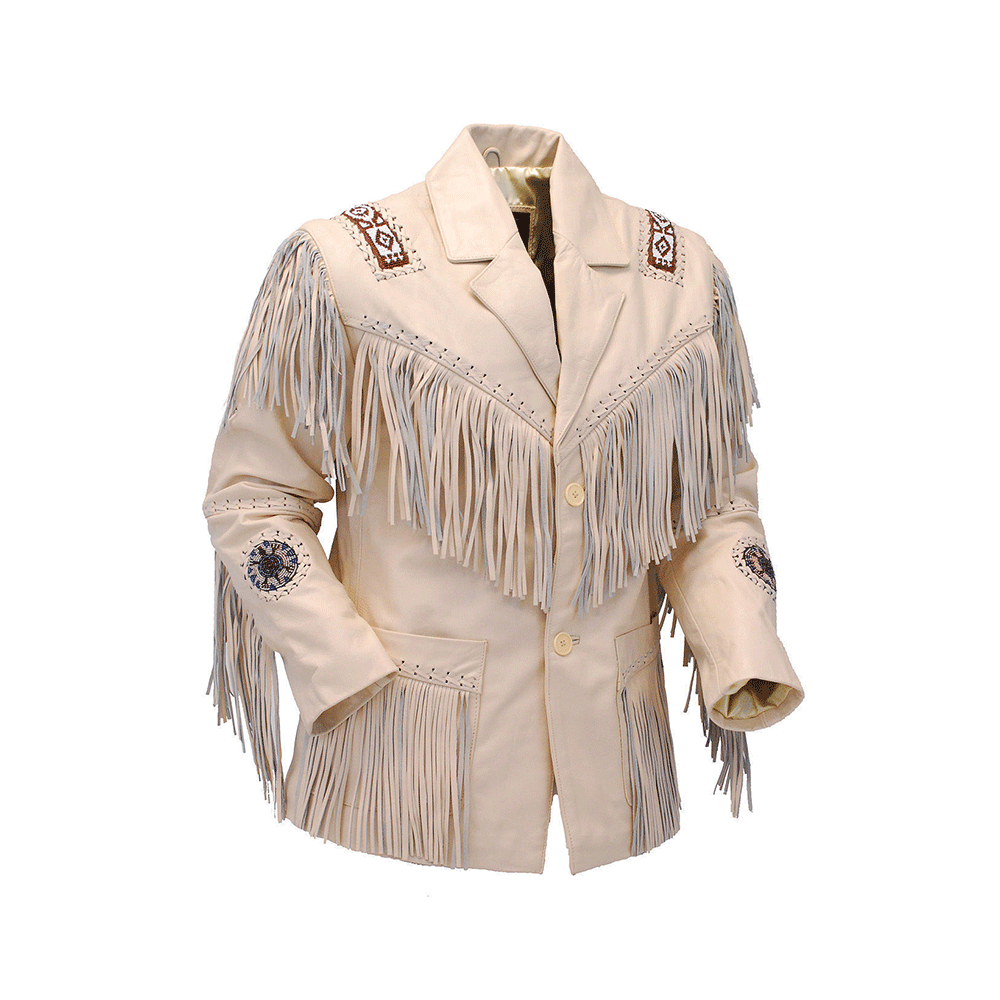 Western Black Leather Fringe Beaded Jacket for Men MWJ502