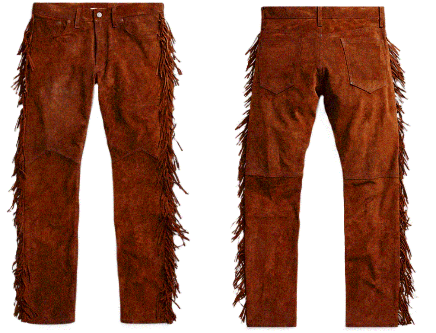 Golden Brown Suede Leather Fringe Pants Jeans Style For Men Western Pant MFP109