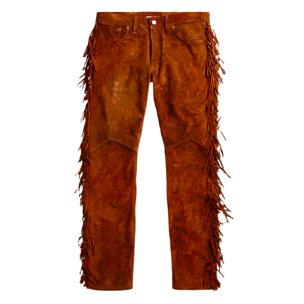 Golden Brown Suede Leather Fringe Pants Jeans Style For Men Western Pant MFP109