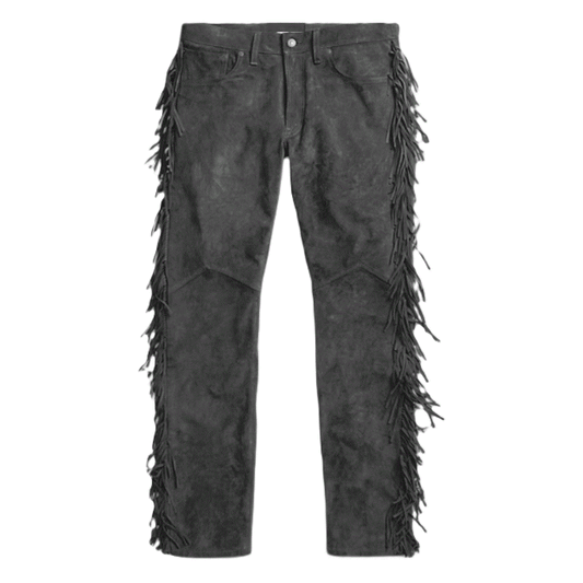 Grey Suede Leather Fringe Pants Jeans Style For Men Western Pant MFP115