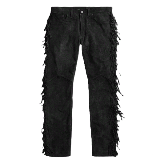 BLack Suede Leather Fringe Pants Jeans Style For Men Western Pant MFP105