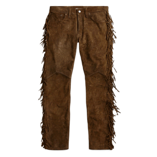 Brown Suede Leather Fringe Pants Jeans Style For Men Western Pant MFP106