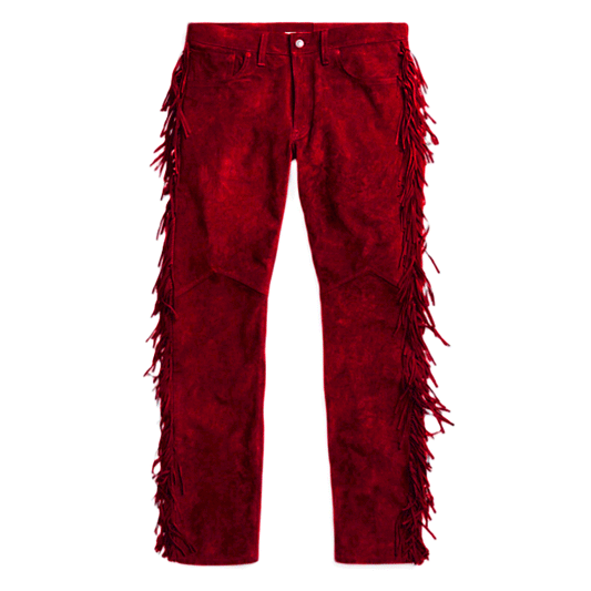 Red Suede Leather Fringe Pants Jeans Style For Men Western Pant MFP103