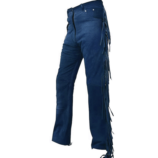 Blue Suede Leather Fringe Pants Jeans Style For Men Western Pant MFP125