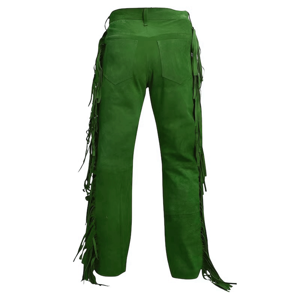 Green Suede Leather Fringe Pants Jeans Style For Men Western Pant MFP128