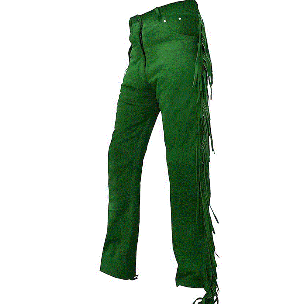 Green Suede Leather Fringe Pants Jeans Style For Men Western Pant MFP128