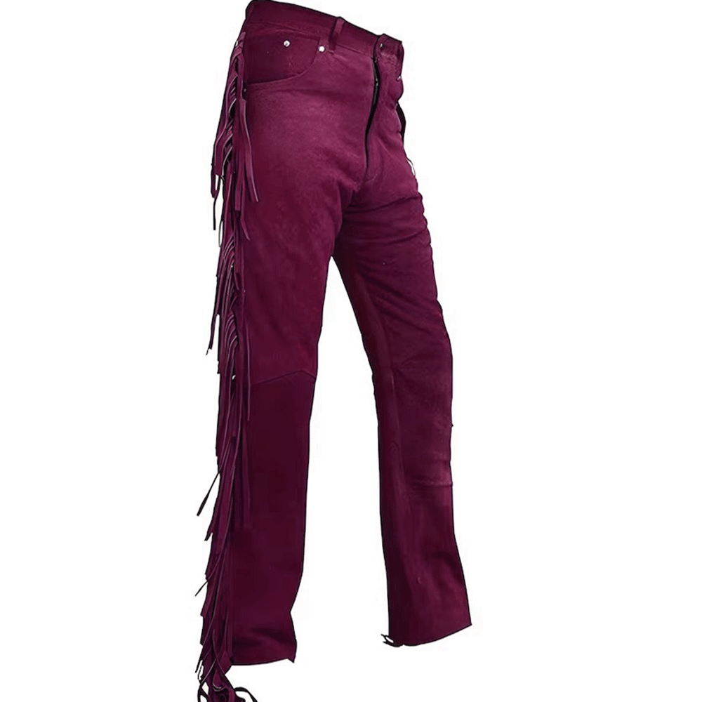 Maroon Suede Leather Fringe Pants For Men Western Pant MFP130