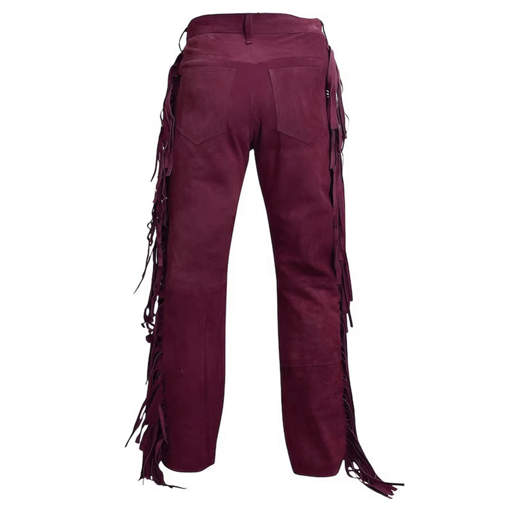 Maroon Suede Leather Fringe Pants For Men Western Pant MFP130