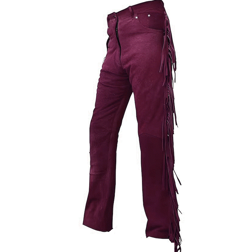 Maroon Suede Leather Fringe Pants For Men Western Pant MFP130