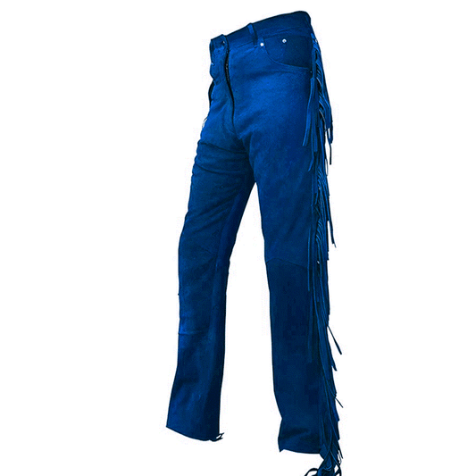 Blue Suede Leather Fringe Pants Jeans Style For Men Western Pant MFP126