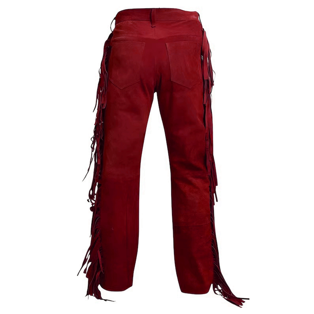 Red Suede Leather Fringe Pants For Men Western Pant MFP129