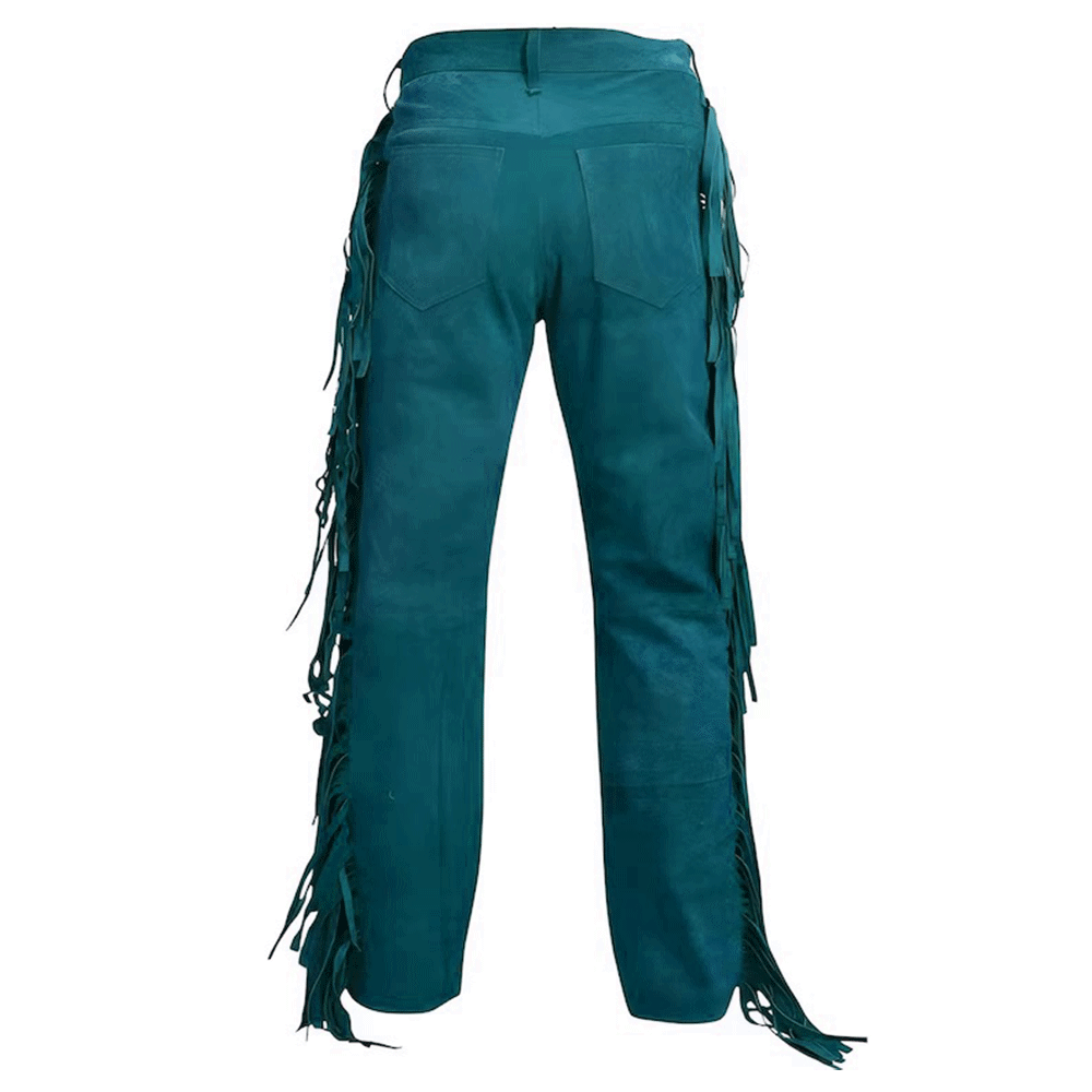 Turquoise Blue Suede Leather Fringe Pants Jeans Style For Men Western Pant MFP127