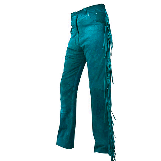 Turquoise Blue Suede Leather Fringe Pants Jeans Style For Men Western Pant MFP127