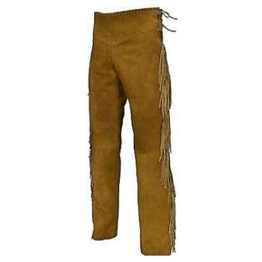 Cognac Brown Suede Leather Fringe Pants For Men Western Pant MFP121