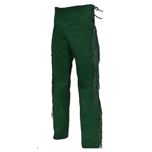 Green Suede Leather Fringe Pants Jeans Style For Men Western Pant MFP120