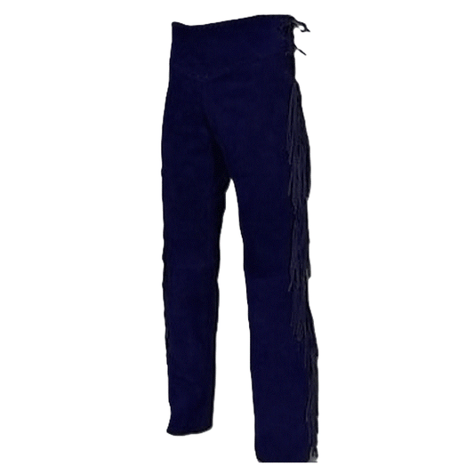 Dark Blue Suede Leather Fringe Pants Jeans Style For Men Western Pant MFP119