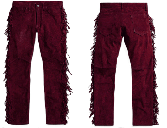 Maroon Suede Leather Fringe Pants Jeans Style For Men Western Pant MFP111