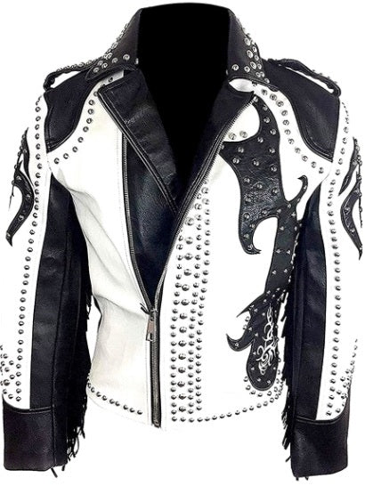 Black & White Leather Punk Silver Studded Fringe Biker Jacket for Men MSDJ275
