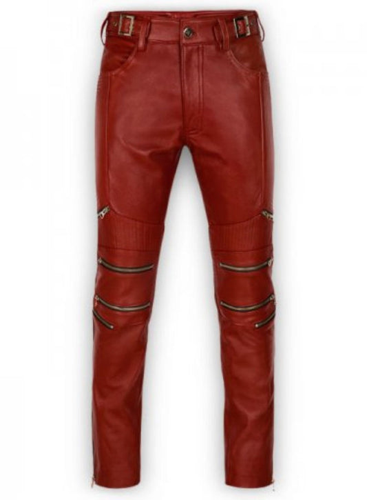 Red Leather Pants with Zippers For Men MLP101