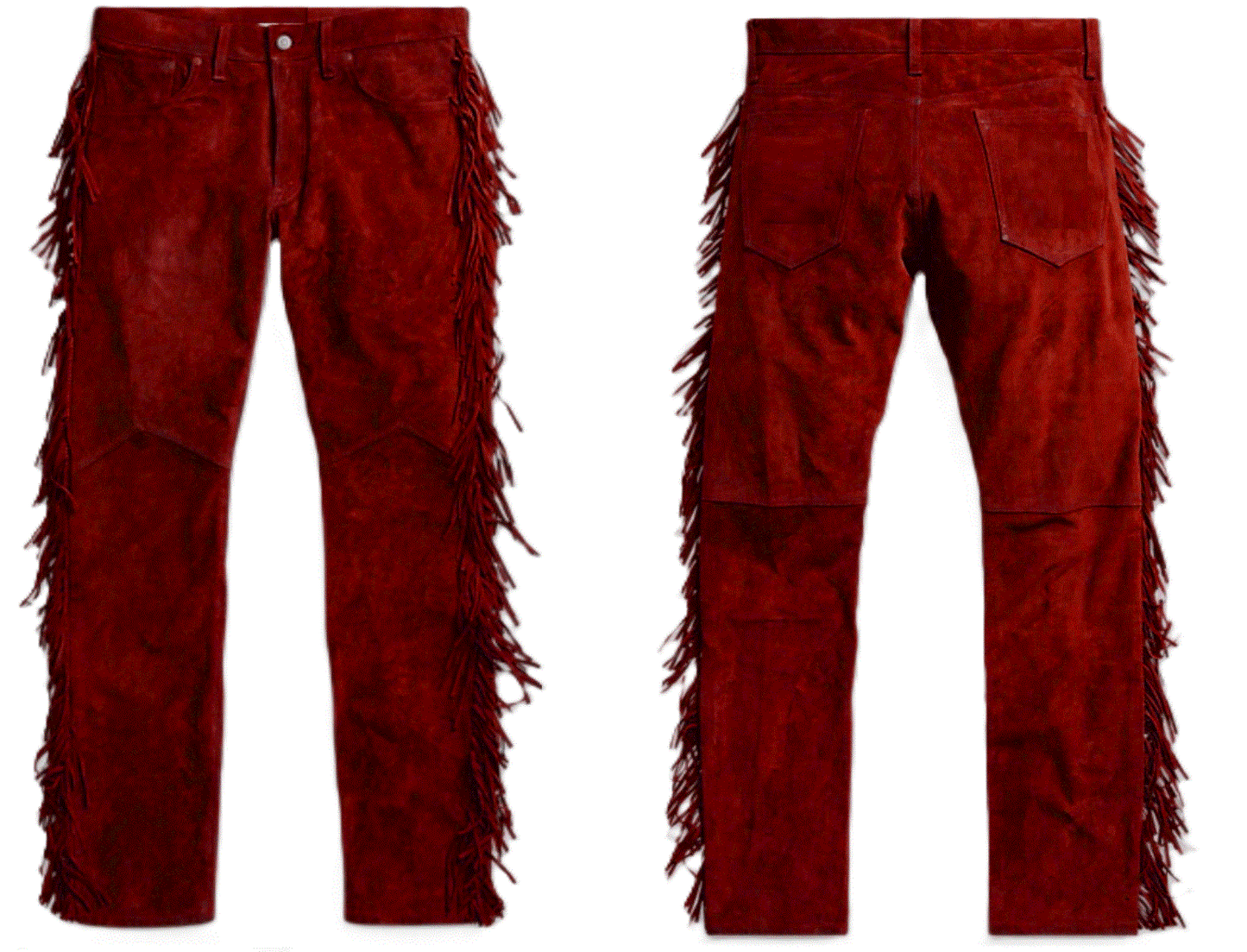 Red Suede Leather Fringe Pants Jeans Style For Men Western Pant MFP110