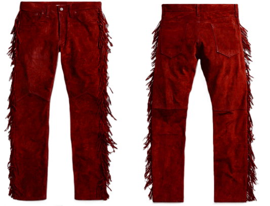 Red Suede Leather Fringe Pants Jeans Style For Men Western Pant MFP110